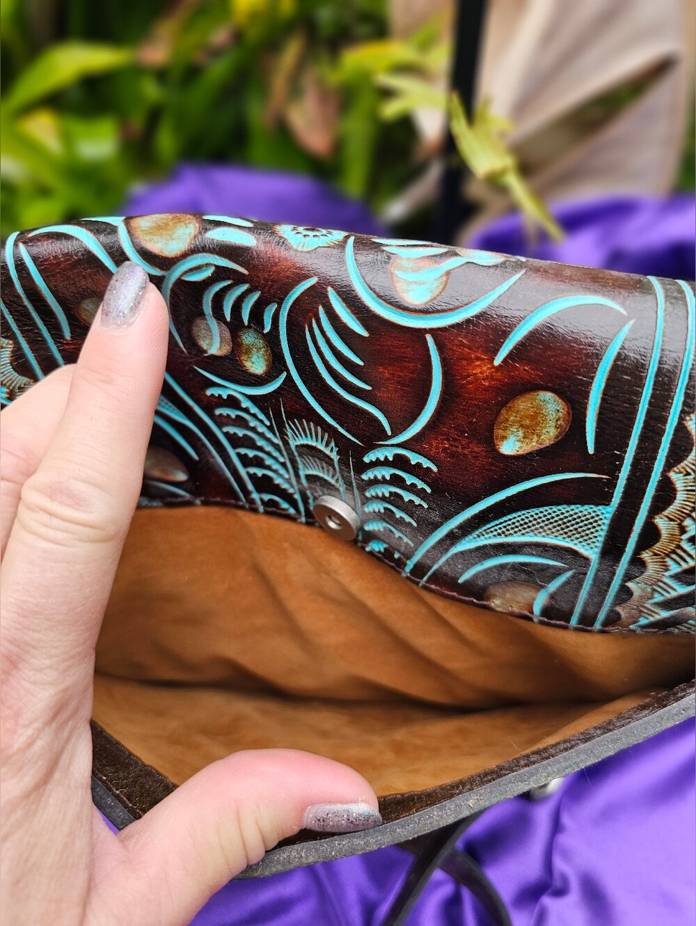 Patricia Nash Turquoise Tooled Leather Saddle Bag Floral Western Crossbody - Picture 6 of 12